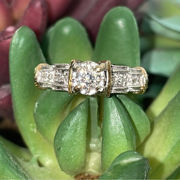 Solid 14K White Yellow Gold Natural Diamond Antique Engagement Ring - Picture 6 of 17